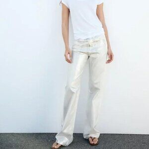 NWT ZARA LOOSE FOIL JEANS SILVER